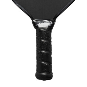Close-up of a black pickleball paddle grip with a spiral pattern and perforations.