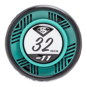 Close-up view of the teal and black circular bat knob featuring a diamond LS logo, "32 INCH," and "-11" displayed in a white and black center.