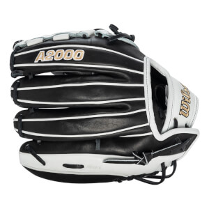 Back view of a black and white leather softball glove featuring white welting and gold-stitched "A2000" and "Wilson" brand names.
