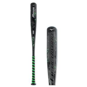 Side view of a black baseball bat with green grip and GENERATION text.