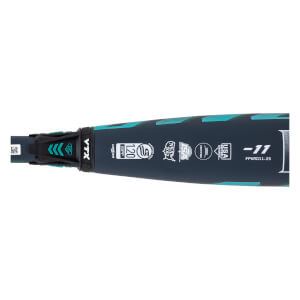 Close-up view of the black and teal bat barrel showing the VTX connection, USA Softball and USSSA certification stamps, and the -11 weight drop logo.