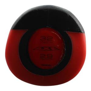 End view of a red and black baseball bat with 32 INCH, AXE, and 29 OUNCE printed on it.