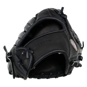 Top-down view of a black baseball glove with MIKEN embossed on the wrist strap and dark blue stitching.