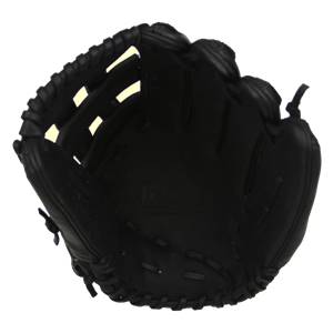 Interior view of a black baseball glove with a textured palm and lacing details.