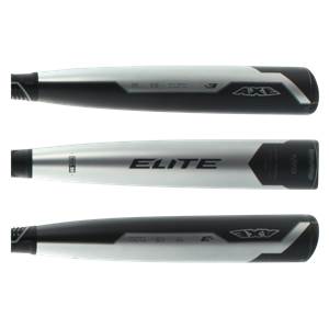 Side view of a silver and black Axe Elite baseball bat with ELITE and AXE branding.
