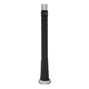 Close-up of a black baseball bat grip with FLOW text and a silver end cap.