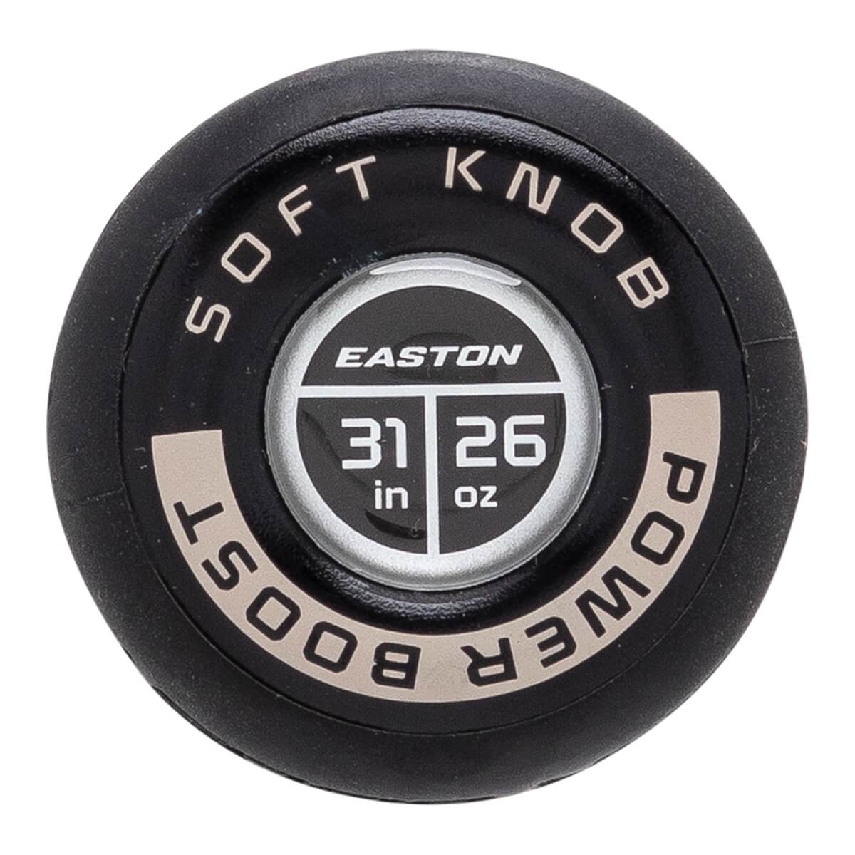 Top-down close-up of a black baseball bat knob with SOFT KNOB and POWER BOOST text, and EASTON 31 in 26 oz in the center.