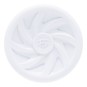 Top-down view of a white softball bat end cap with a raised LS logo and swirling patterns.