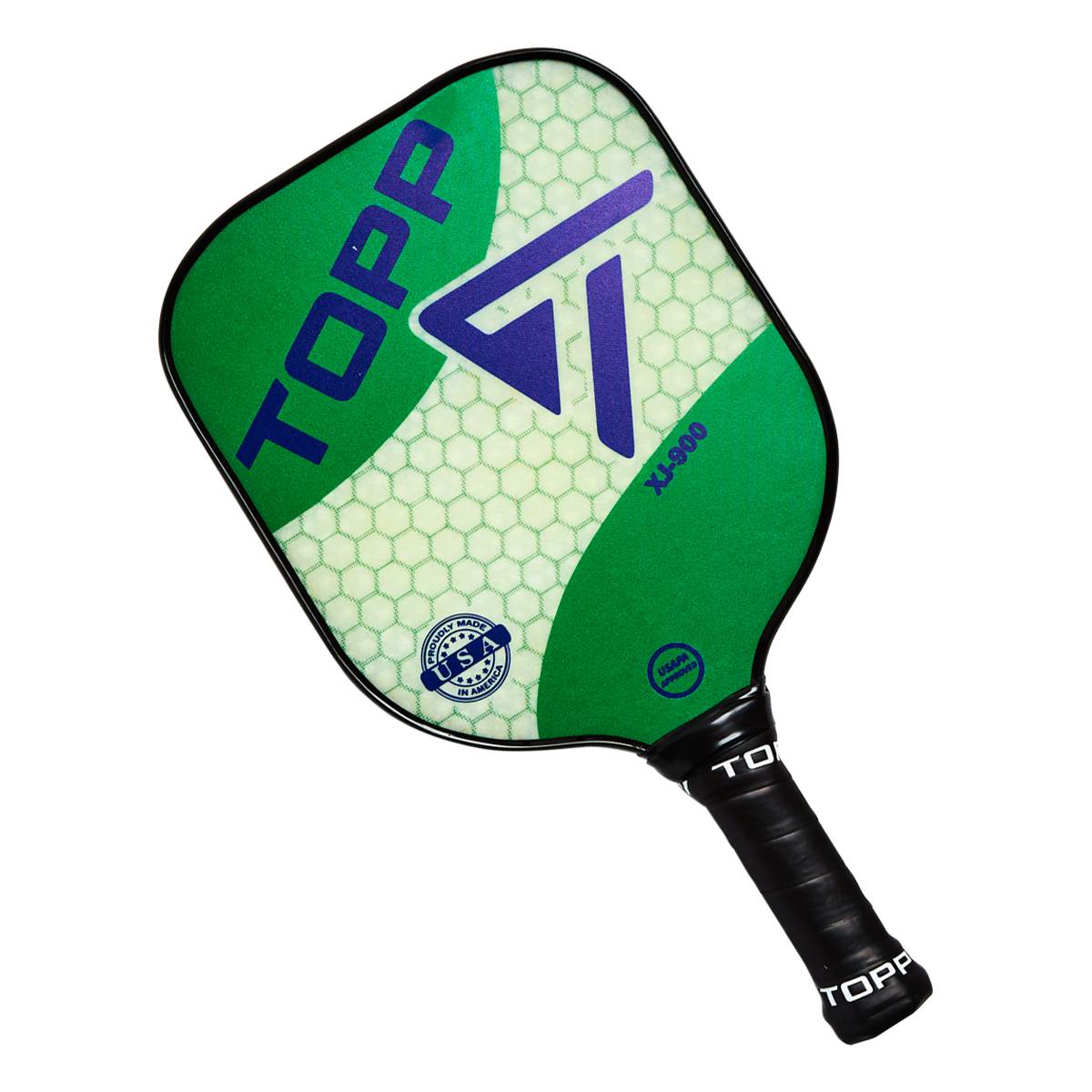 Top-down view of a green pickleball paddle with a blue triangular logo, honeycomb pattern, and TOPP text.