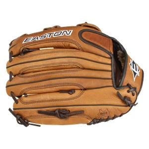 Front view of a tan Easton baseball glove with black lacing and a white logo.