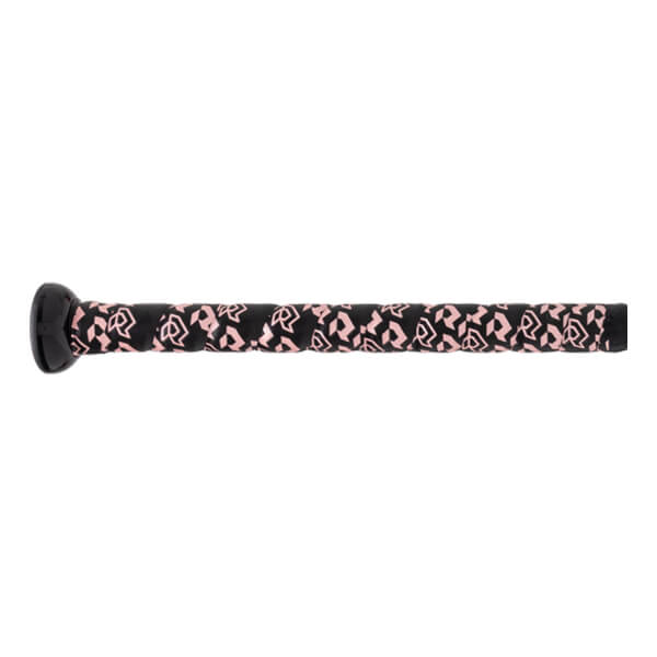 Side view of a black bat handle with a pink repeating pattern grip and a black knob.