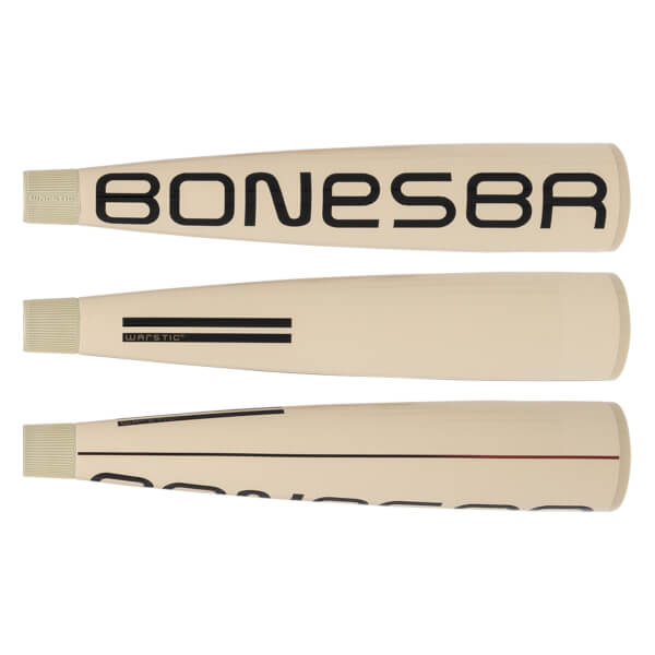 Three distinct side views of a cream baseball bat with BONESBR text, WARSTIC logo, and a red stripe.