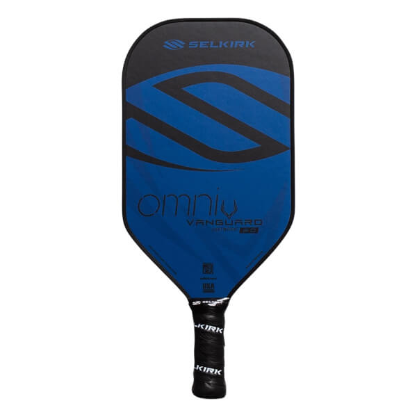 Front view of a blue and black pickleball paddle with omni and VANGUARD text, and a black grip.