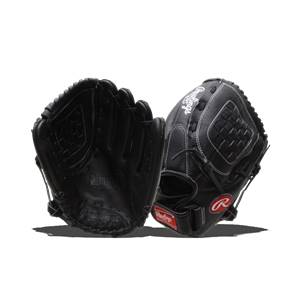 Front view of a black fastpitch glove with white stitching and a red R logo.