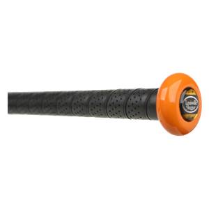 Side view of a black baseball bat with an orange end cap and perforated grip.