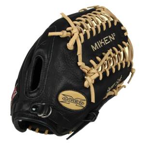 Side view of a black baseball glove with tan lacing and Miken branding.
