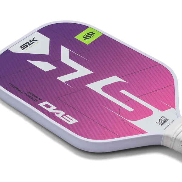 Corner view of a purple and pink pickleball paddle with white SLK and EVO MAX CONTROL text.