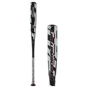 Side view of a black baseball bat with white and red GENERATION text and a patterned grip.