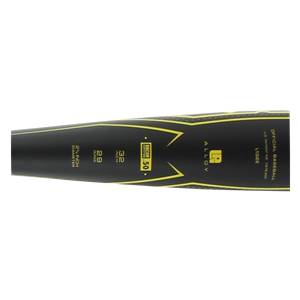Side view of a black baseball bat with yellow accents, ALLOY text, and BBCOR CERTIFIED 50 label.