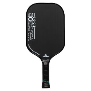 Front view of a black pickleball paddle with WARRIOR EDGE text, Diadem logo, and a black grip with blue accent.