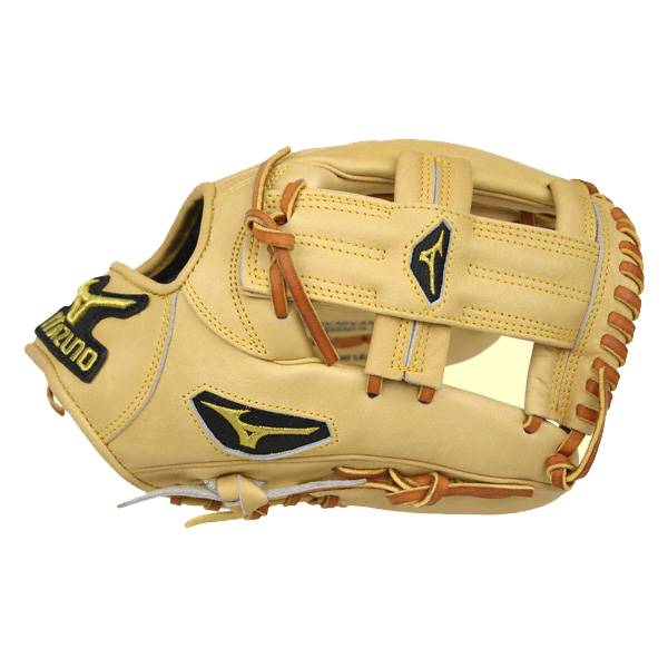 Side view of a tan Mizuno Pro Series baseball glove with black and gold Mizuno logos and tan lacing.