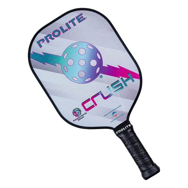 Top-down view of a white pickleball paddle with a purple and teal lightning bolt design, a pickleball graphic, and CRUSH text.