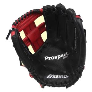 Front view of a black and red youth baseball glove with Prospect Series and Mizuno logos.