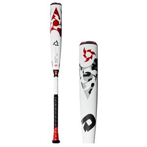 Side view of a white baseball bat with red and black camouflage, and a black grip.