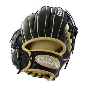 Front view of a black baseball glove with gold accents and Wilson logo.