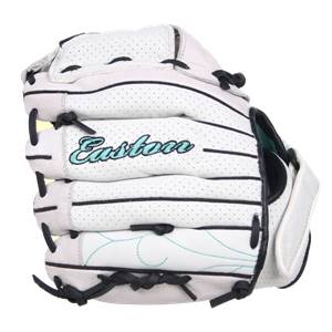 Front view of a white fastpitch glove with teal Easton embroidery and decorative stitching.