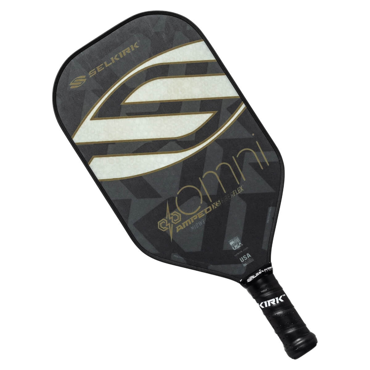 Top-down view of a black pickleball paddle with white and gold S logo, omni text, and black grip.