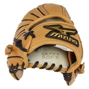 Top-down view of a tan baseball glove with black lacing and MIZUNO logo.