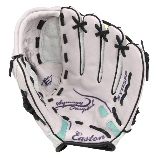 Front view of a white fastpitch glove with black lacing, Synergy Fastpitch script, and Easton text.