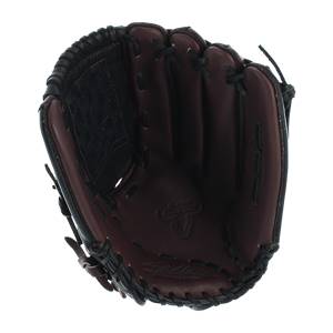 Top-down view of a brown baseball glove with black lacing and a textured black palm insert.