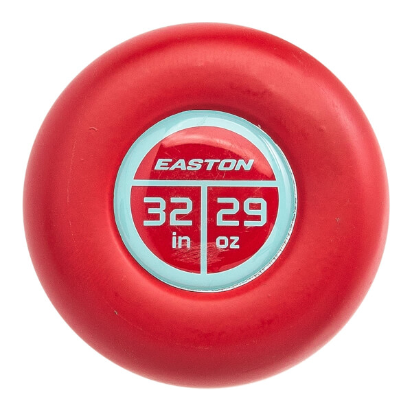 Top-down view of a red baseball bat end cap with Easton branding and 32 in 29 oz markings.