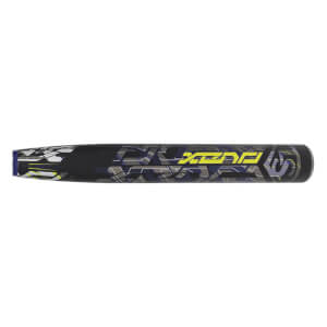 Side view of a black fastpitch softball bat with a grey and blue geometric pattern and yellow XENO branding.