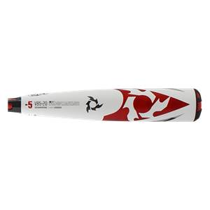 Side view of a white baseball bat with red flame graphics and black accents.