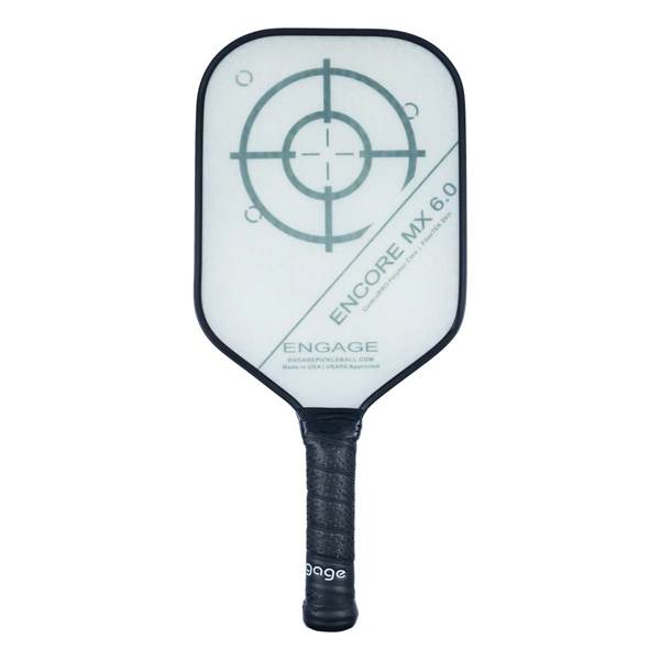 Front view of a white pickleball paddle with a target design, ENCORE MX 6.0, and ENGAGE branding.