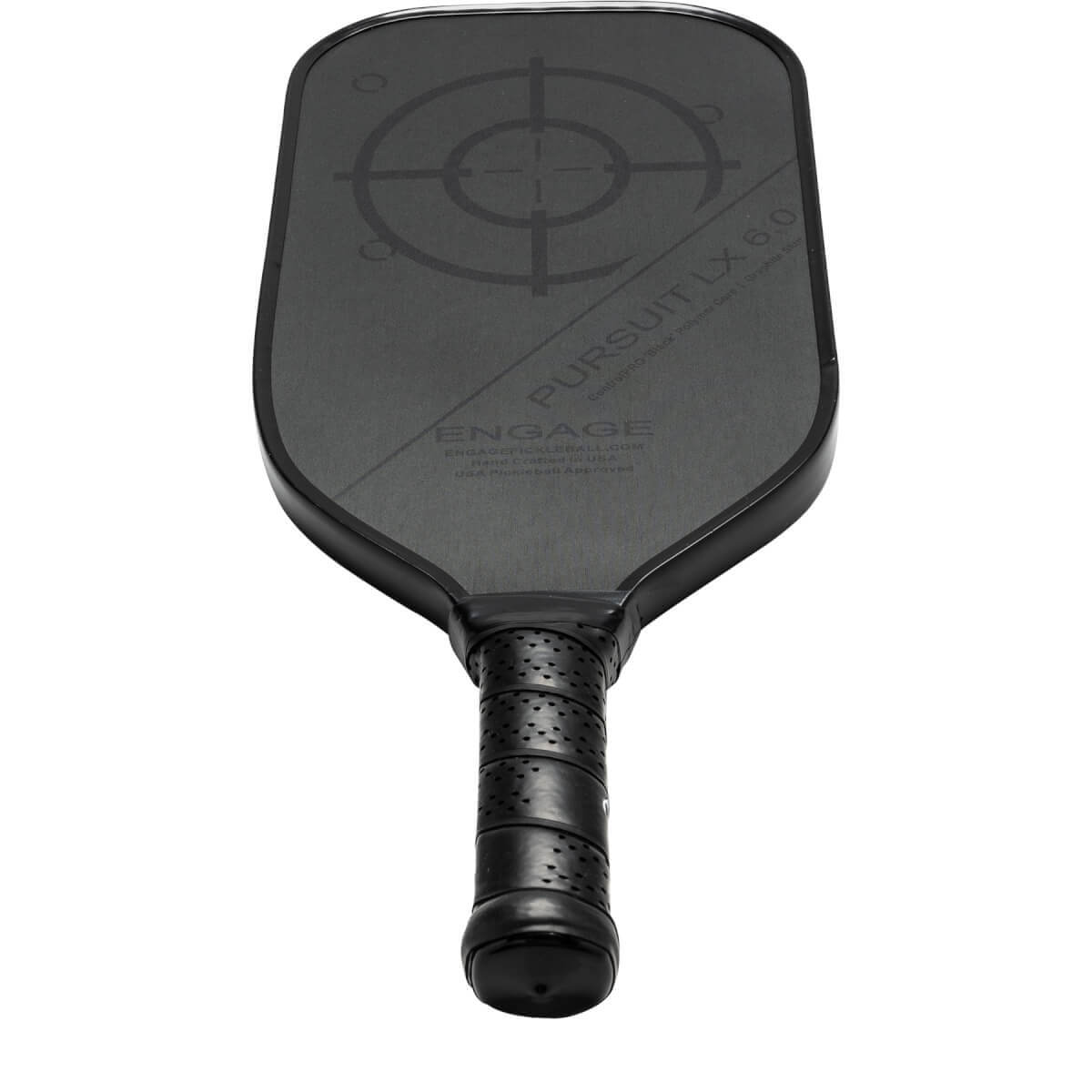 Top-down view of a black pickleball paddle with a target design, PURSUIT LX 6.0 text, and ENGAGE logo.