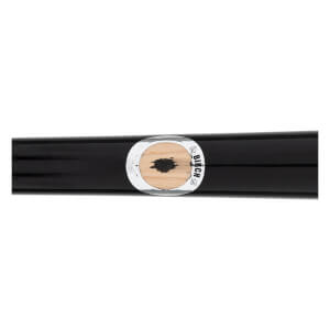 Side view of a black baseball bat with a circular Birch wood grain label.