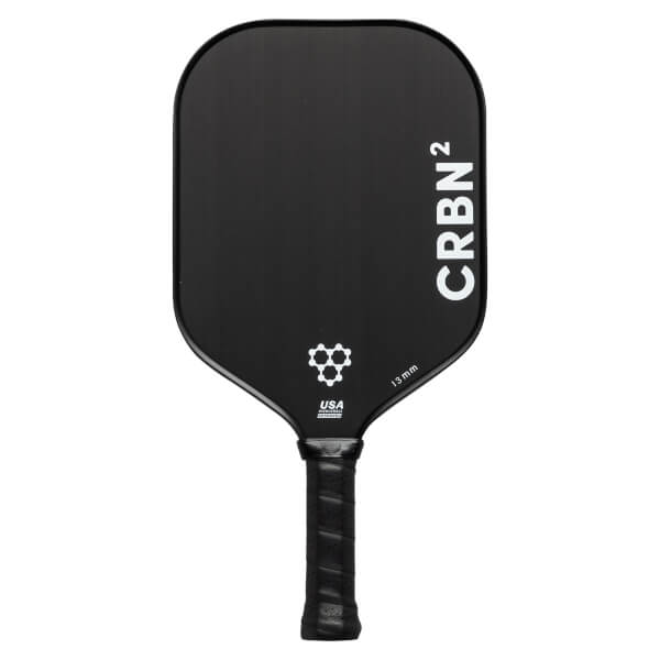 Front view of a black pickleball paddle with CRBN² branding, a honeycomb logo, and 13 mm text.
