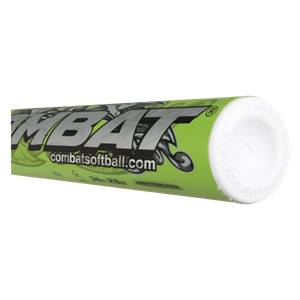 End view of a green COMBAT softball bat with combatsoftball.com and 34 in / 28 oz text.