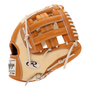 Side view of a tan and cream baseball glove with tan lacing and a Rawlings logo.