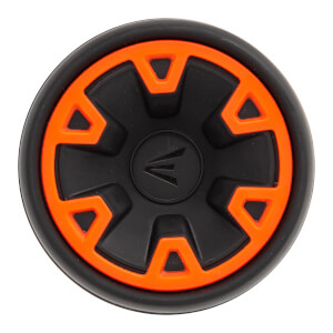 End cap view of a black baseball bat with orange geometric accents and an Easton logo.