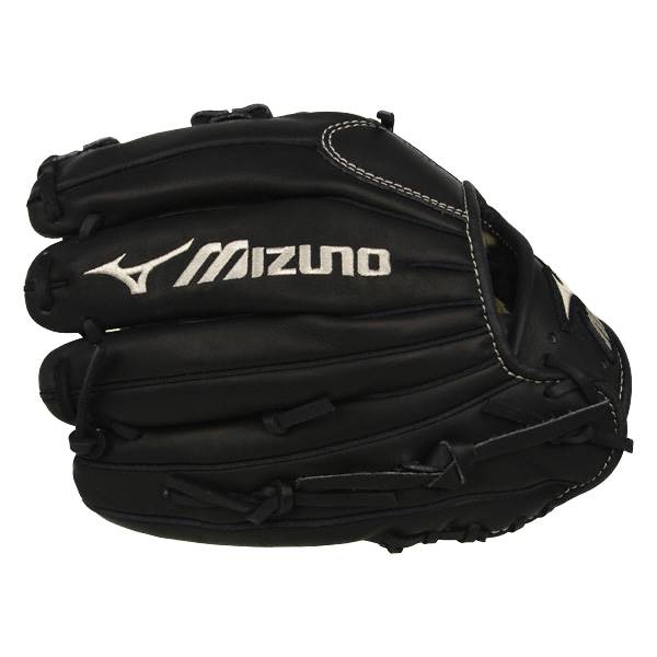 Side view of a black baseball glove with white Mizuno branding and stitching.
