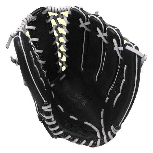 Interior view of a black baseball glove with white lacing and a bull logo.