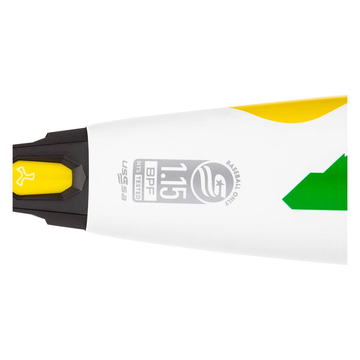 End cap view of a white baseball bat with yellow, green, and USSSA 1.15 BPF markings.