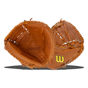 Front and back view of a tan Wilson catcher's mitt featuring the A2000 logo stamped in the palm and a yellow embroidered W on the outer shell.