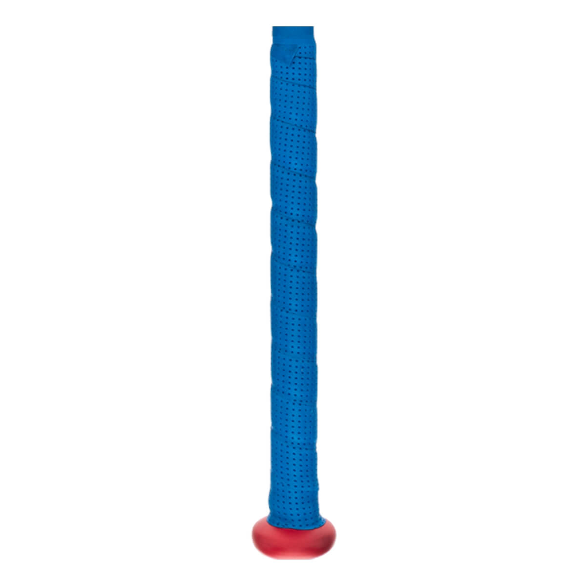 Close-up view of the bat handle featuring a textured blue perforated grip and a rounded red knob at the bottom.