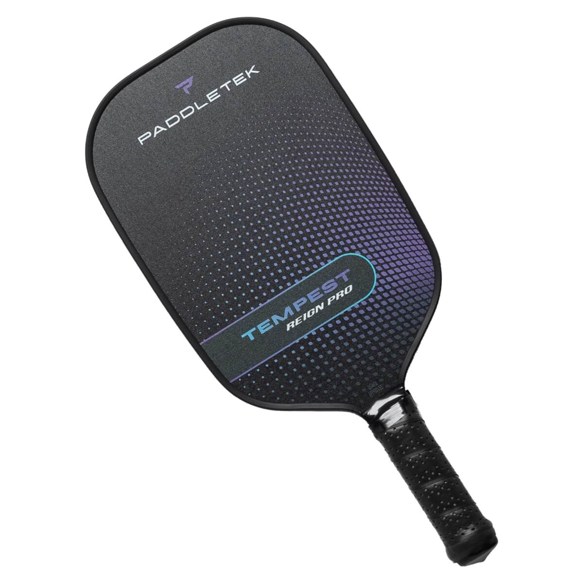 Top-down view of a black pickleball paddle with PADDLETEK and TEMPEST REIGN PRO text and a gradient dot pattern.